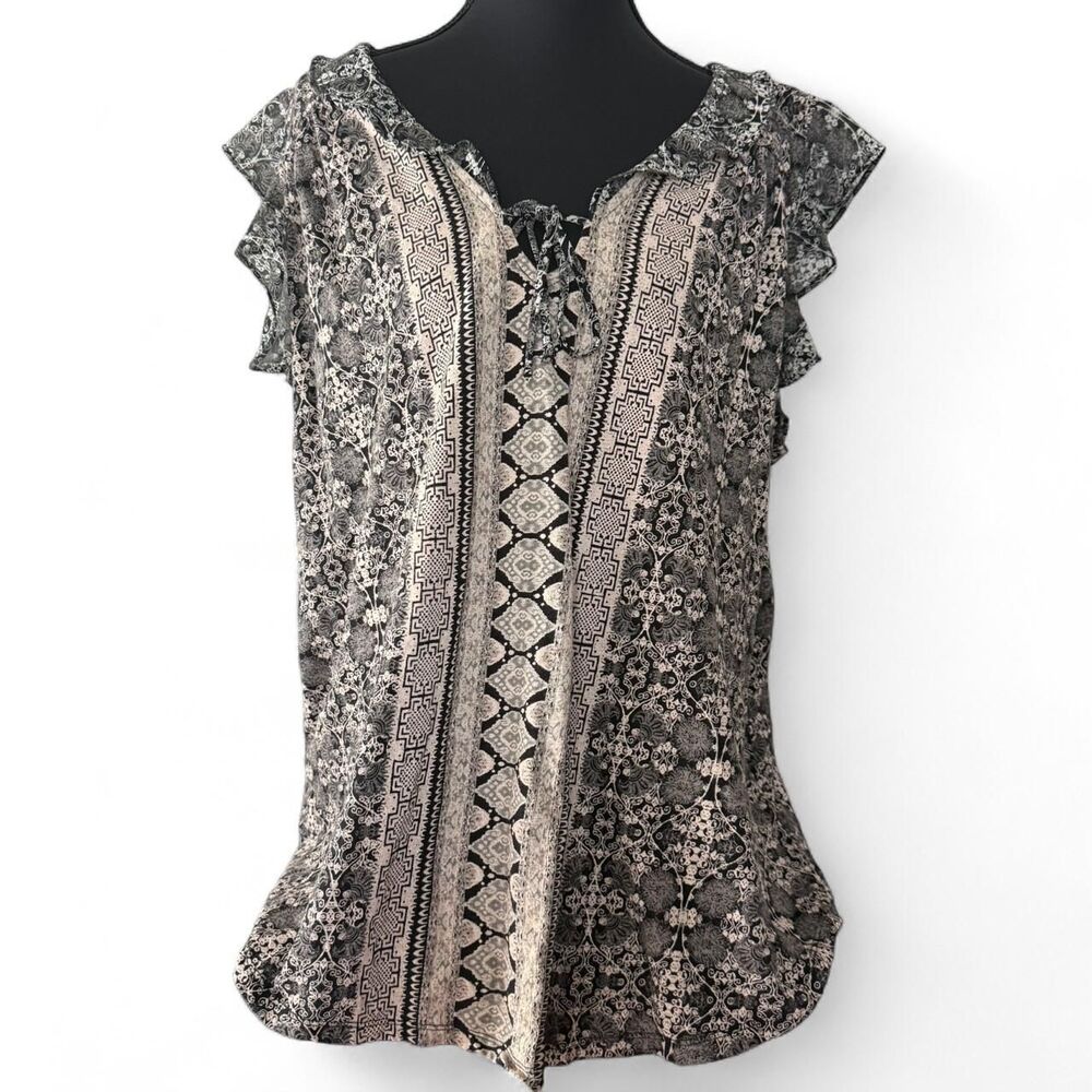 Lucky Brand Top 1X Womens Black White Floral Flutter Sleeve Lace Up Boho Blouse